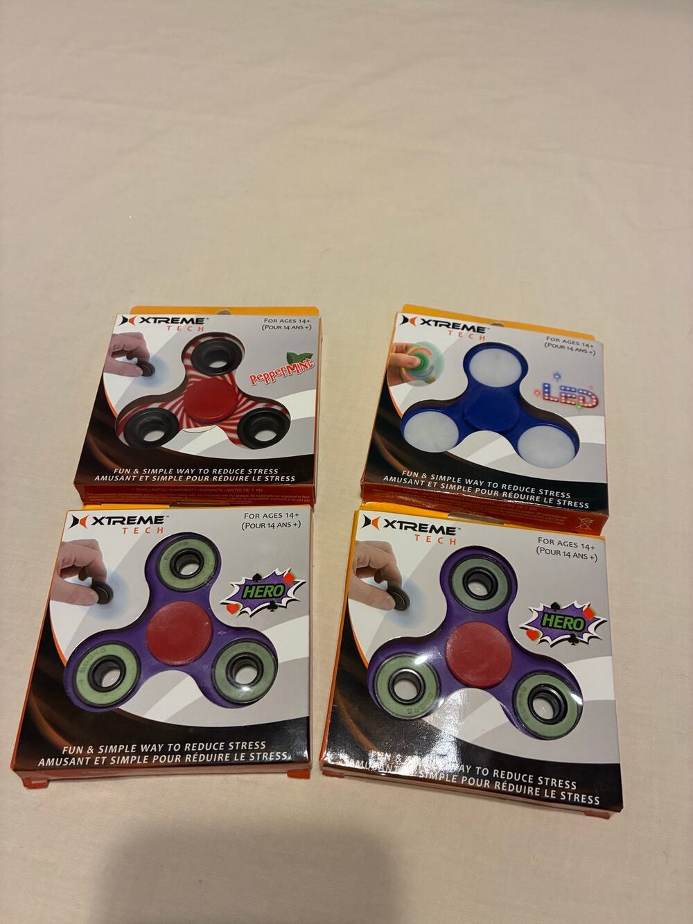 Lot of 4 Xtreme Tech Fidget Spinners LED Hero Peppermint New Sealed Stress Toys